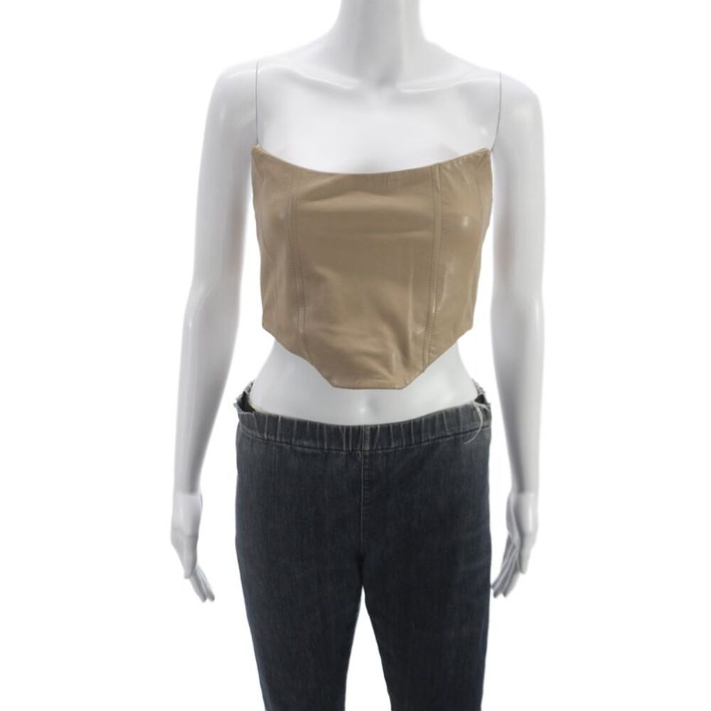 Retrofete Women Cropped Leather Sleeveless Square Neck Zip Top Tan Size S